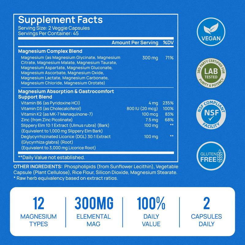 Selerb 18-IN-1 Magnesium Complex – 12 Active Forms of Magnesium with Vitamin B6, D3, K2, Zinc & Slippery Elm – Supports Sleep, Relaxation, Muscle Recovery & Overall Health – 90 Veggie Capsules