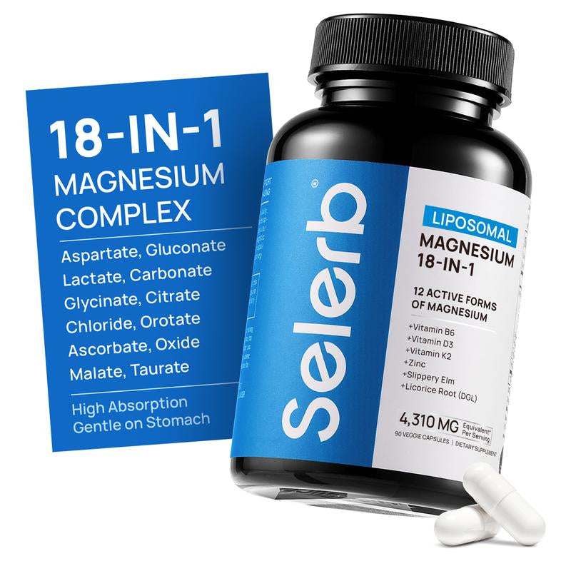 Selerb 18-IN-1 Magnesium Complex – 12 Active Forms of Magnesium with Vitamin B6, D3, K2, Zinc & Slippery Elm – Supports Sleep, Relaxation, Muscle Recovery & Overall Health – 90 Veggie Capsules