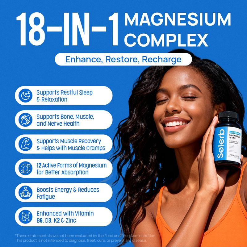 Selerb 18-IN-1 Magnesium Complex – 12 Active Forms of Magnesium with Vitamin B6, D3, K2, Zinc & Slippery Elm – Supports Sleep, Relaxation, Muscle Recovery & Overall Health – 90 Veggie Capsules