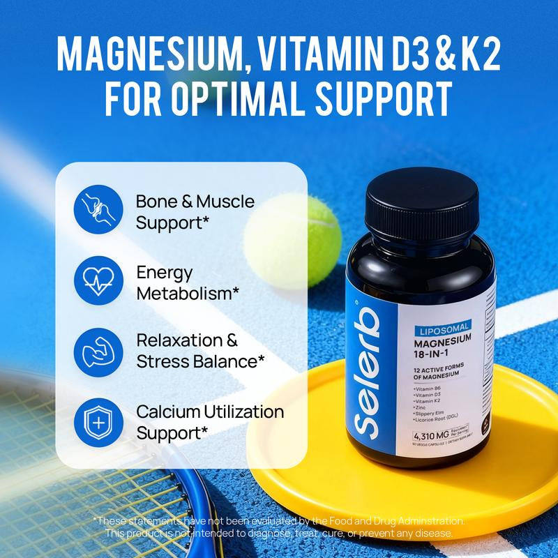 Selerb 18-IN-1 Magnesium Complex – 12 Active Forms of Magnesium with Vitamin B6, D3, K2, Zinc & Slippery Elm – Supports Sleep, Relaxation, Muscle Recovery & Overall Health – 90 Veggie Capsules